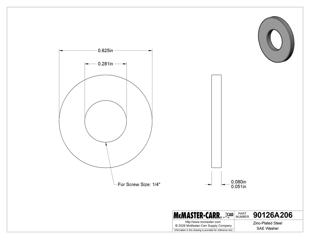 Technical Drawing of Zinc-Plated Steel SAE Washer, Grade 5, for 1/4" Screw Size, 0.281" ID, 0.625" OD.